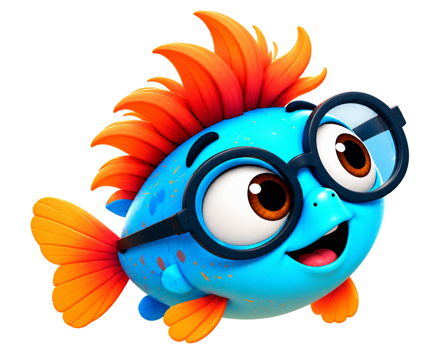 FishStix, a joyful turquoise fish with big navy glasses and a wild orange crest